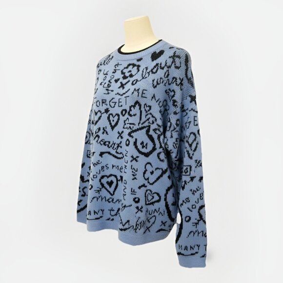 Gitano Knit Love Vtg Blue Black Doodle Print Sweater Sz S Casual Fall Graffiti - Picture 1 of 6